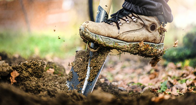 man preparing planting site by digging a hole